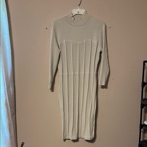 New York & Company Tan Ribbed Pleated Bodycon Dress